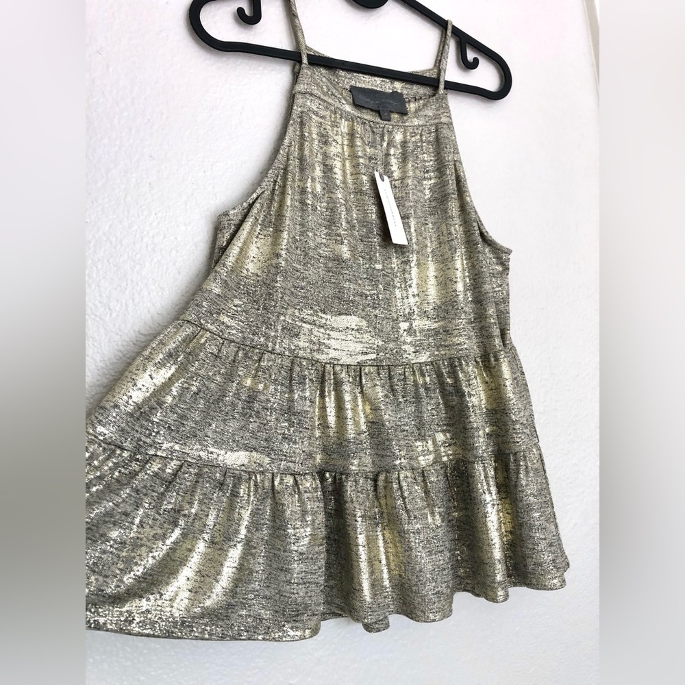 NWT Anthropologie Sunday in Brooklyn Metallic Gold Tiered Blouse - Picture 1 of 8